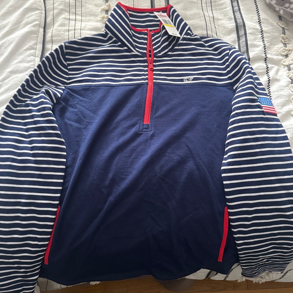 Vineyard Vines Navy and White Striped Hoodie with Red Accents